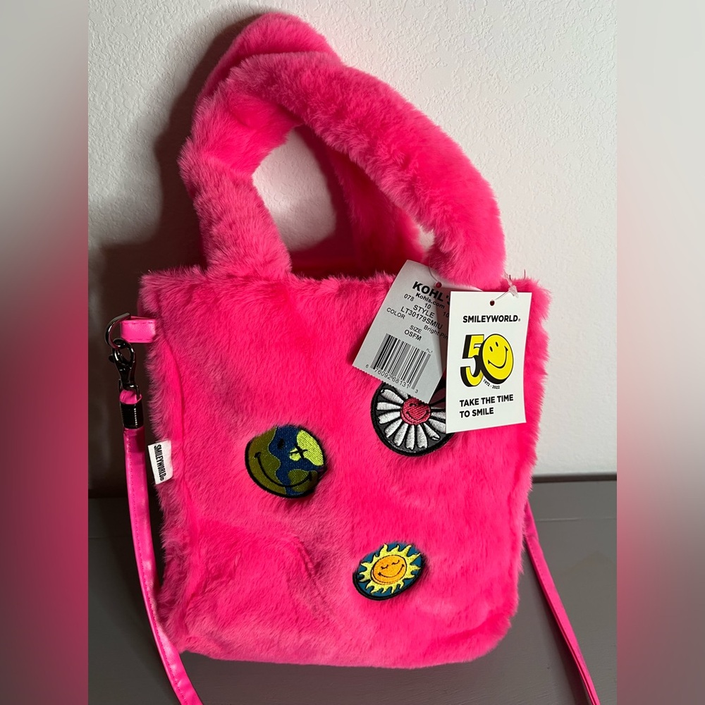 Young Adult SMILEY Small Sherpa Tote Bag Crossbody Neon Smiley Face Y2K Hot Pink - Picture 11 of 16